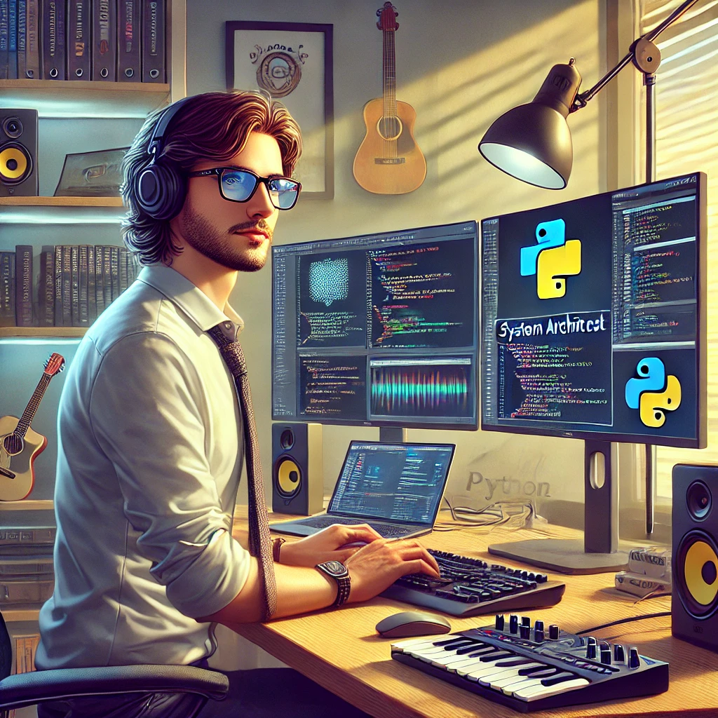 A digital painting of a confident system architect and music enthusiast, working in a sleek modern office. The person is coding on a Windows computer, with Visual Studio and Python projects visible on dual monitors. There are musical elements in the room, like a digital keyboard and speakers, hinting at their passion for digital music. The scene has a bright and organized atmosphere, with warm light coming from the window. On the shelves, Christian symbols like a small cross are subtly present, blending with tech books and equipment. The character looks thoughtful and focused, representing expertise and intelligence.